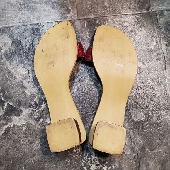 Vintage 90s y2k Wood Floral Beaded Satin Block Heel Slide Sandals 8 - Picture 6 of 8